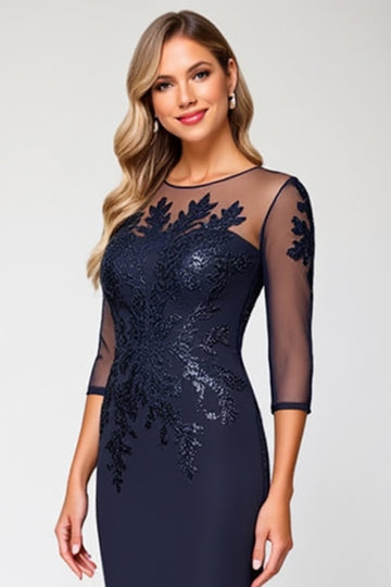 Navy Illusion Neck Mother of the Bride Dress with Appliques